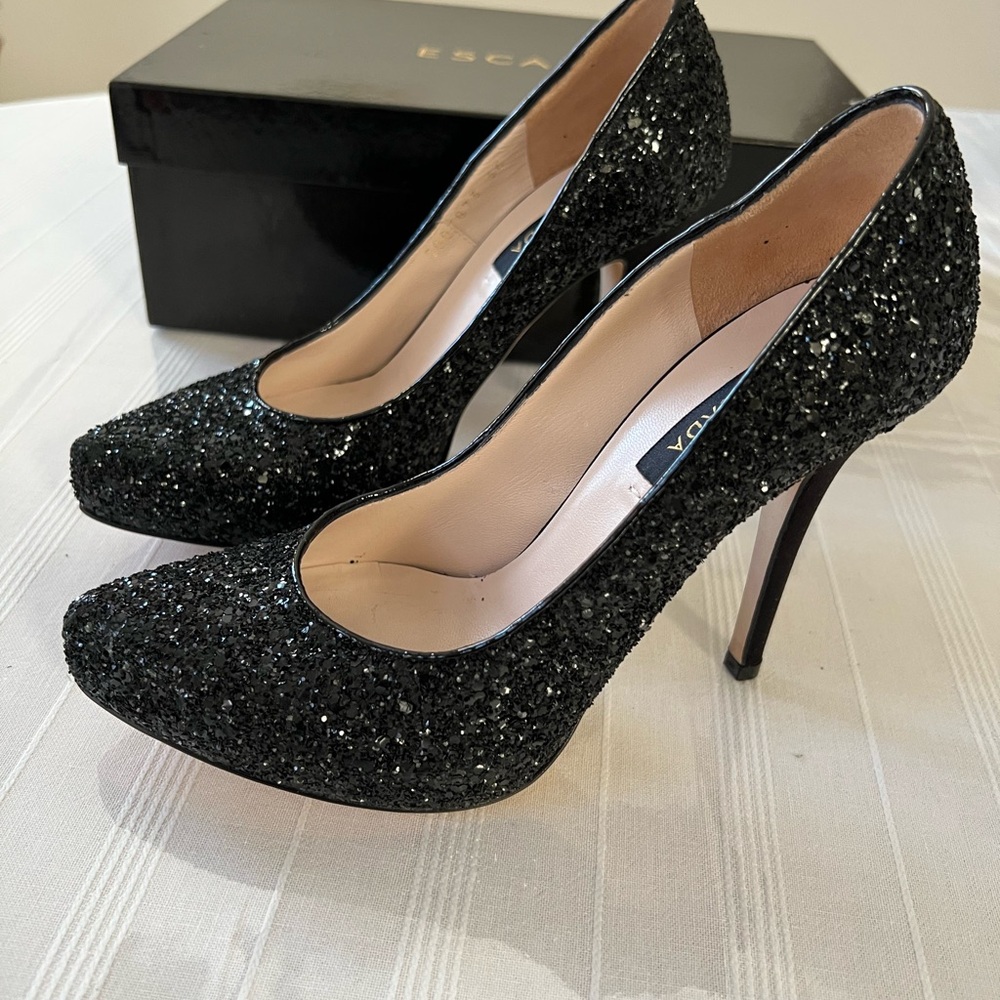 New Escada Elegant Black Glitter Heels, Size 6